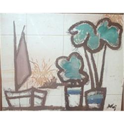 MARKEY ROBINSON (1918-1999) Gouache on wallpaper Still Life Signed lower right 39cms...