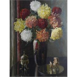 GEORGE COLLIE (1904-1975) Oil on canvas board Still life of flowers in a vase, with Chinese...