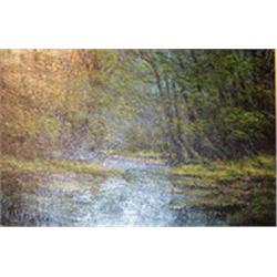JERRY MARJORAM Oil on board A Woodland Stream Signed lower left Majoram 35cms x 52cms...