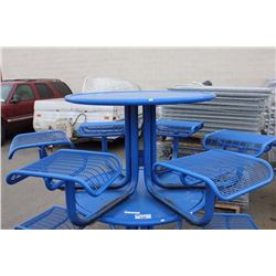 BLUE ROUND METAL PICNIC TABLE WITH SEATS