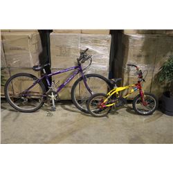 2 BIKES: YELLOW KENT BMX BIKE & PURPLE RALEIGH MOUNTAIN BIKE