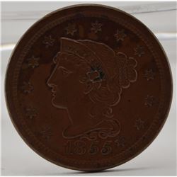 1855 Knobed Ear Braided Large Cent in Extra Fine Condition