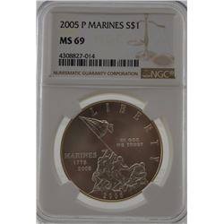 2005 "P" NGC MS69 United States Marines Silver Commemorative