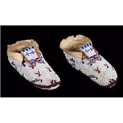 Pair of Arapaho Fully Beaded Child's Moccasins with Geometric Cross Design 5 3/4" L.  Good Condition
