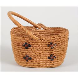 Lillooet Basket with Imbricated Cross Design and Handle 5 1/2" L. 4 1/2" H.  Fine Condition