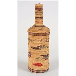 Nuu-chah-nulth Basketry Covered Bottle Decorated with Multiple Figural Design 12 1/2" H. 4" D.  Good