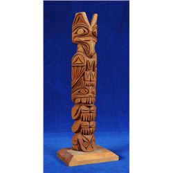 Harvey Williams Totem Carved with Three Figures 12 1/2" H. 4 1/2" W. Base  Good Condition