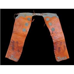 Pair of Leather Chaps Bat Wing Shaped with Unmarked "Jinx" At Bottom 36" H.  Good Condition