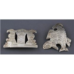 Northwest Coast Silver Pendant with Incised Thunderbird Design 1 1/8"x 1 3/8" and a Silver Brooch wi