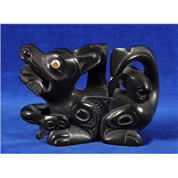 Haida Argillite Sea Wolf with a Salmon In His Mouth, Whale and a Seal 8" H. 4" W.  Fine Condition