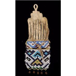 Plains Beaded Buckskin Puzzle Top Pouch with Geometric Design ca. 1930's 8" L. 3 1/4" W.  Good Condi