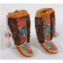 Pair of Northern Cree Floral Design Beaded Moose Hide High Top Moccasins with Rabbit Fur Trim 10" L.