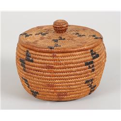 Lillooet Knob Top Basket with Imbricated Design on Basket and Bottom 5 1/2" D. 4" H.  Good Condition