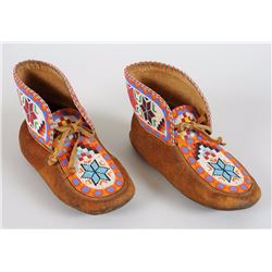 Pair of Plains Beaded High Top Moccasins with Geometric Design 10" L.  Fine Condition