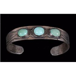 Navajo Silver and Turquoise Bracelet Set with Three Stones, Fred Harvey Era 6" L. 1" W.  Good Condit