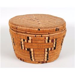 Salish Lidded Basket with Imbricated Design 15 1/2" D. 9 1/2" H.  Good Condition