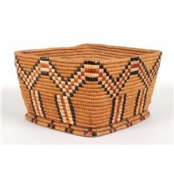 Lillooet Coiled Basket with Imbricated Chevron Design 7 3/4" Sq. 4 1/2" H.  Very Good Condition