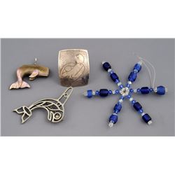 Four Northwest Coast Items; 12 Russian Trade Beads, Silver Whale Pin, Carved Abalone Whale Pendant b