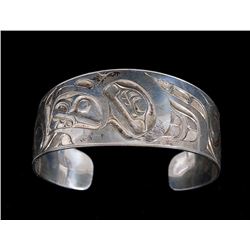 Northwest Coast Silver Bracelet with Eagle Design 6" L. 1" W.  Good Condition