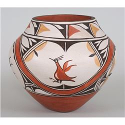 Zia Pueblo Pottery Jar with Rainbows, Clouds and Roadrunner Design by Gloria Gauchupin 9" D. 7 3/4" 