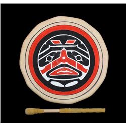 Bella Coola Drum with Painted Nuxalk Moon Design 14" W.  Good Condition