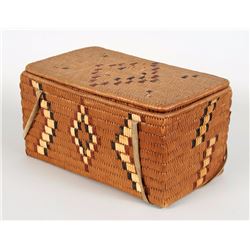 Salish Lidded Basket with Diamond Imbricated Design and Leather Handles 12 3/4" L. 8" W. 6 3/4" H.  