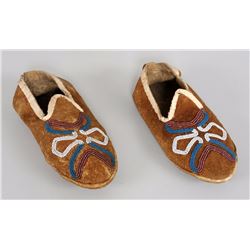 Pair of Beaded Moose Hide Moccasins, Hand Sewn 9" L.  Good Condition
