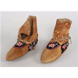 Pair of Athapaskan Moccasins with Quill Work and Floral Embroidered Design ca. 1900  9" L.  Good Con