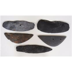 Five Aleut Slate Kodiak Bear Hide Scrapers From Kodiak Island, AK 6" L. - 7" L.