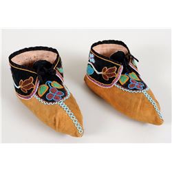 Pair of 19TH C. Chippewa Beaded Moccasins with Floral Design on Velvet Bought for Sherman Holbert In