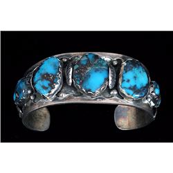 Navajo Silver and Bisbee Turquoise Bracelet with Silver Leaf and Raindrops 6" L. 1 1/8" W.  Fine Con