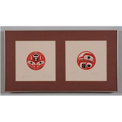 Two Robert Davidson Serigraphs; Frog 24/72 '77 and Eagle 24/140 '76  12"x 21 1/2" Framed  Good Condi