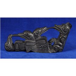 Lionel Samuels Argillite Panel Pipe Carved with Ravens and Wolf 8" W. 3 1/2" H.  Fine Condition