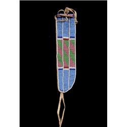 Crow Beaded Knife Sheath Sinew Sewn with Geometric Design 9" L. 2 1/4" W.  Good Condition