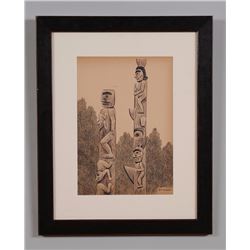 Charcoal Drawing of the Totems at Kitwanga Located Where the Kitwanga River Runs Into the Skeena Riv