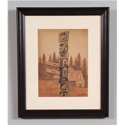 Charcoal Drawing of the Haida Village of Cumshewa 16"x 19" Framed  Good Condition