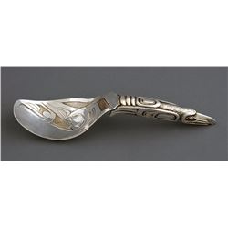 Silver Spoon with Incised Raven Design by Bill Helin 5 3/4" L. 2 1/4" W.  Fine Condition
