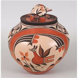 Zia Pueblo Pottery Olla with Turtle Lid and Roadrunner, Floral Design by Elizabeth Medina 10 1/2" D.