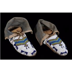 Pair of Plains Beaded Moccasins with Geometric Design 11" L.  Good Condition with Very Minor Bead Lo