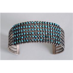 Zuni Fine Petit Point Silver and Turquoise Bracelet 5 1/2" L. 1" W.  Good Condition