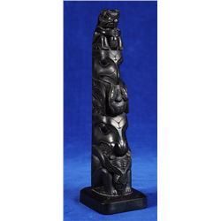 Haida Argillite Totem Carved with Bear, Raven Holding Halibut and Bear Holding Raven Attributed to L