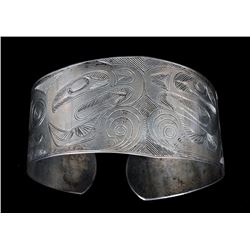 19TH C. Northwest Coast Silver Potlatch Bracelet with Incised Double Eagle Design 8 1/2" L. 1 1/2" W