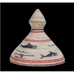 Nuu-chah-nulth Child's Basketry Rain Hat with Whale and Whaler Design Made by Annie Clappis - Bamfie