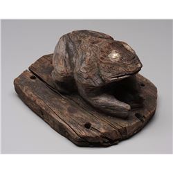 19TH C. Carved Frog House Post with Inlaid Abalone Eyes 9 1/2" L. 7" W. 5 3/4" H.  Good Condition