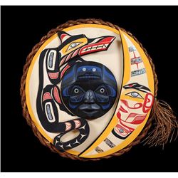 Nuu-chah-nulth Secret Wolf Society Moon Mask "Tluu-Kwaana" Carved by Pat Amos 29" W. Good