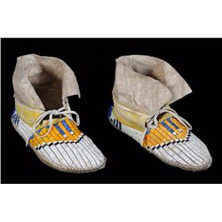 Pair of Hidatsa-Style Beaded Moccasins with Quill Work 10 3/4" L.  Good Condition