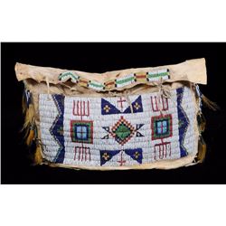 Cheyenne Beaded Possible Bag with Geometric Design and Decorated with Tin Cones 10"x 14"  Good Condi