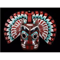 Jimmy John Nuu-chah-nulth Pugwus Mask with Articulated Wood Feathers Signed Jimmy John "Ya Thew A (S