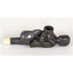 Carved Slate Figural Pipe Depicting a Raven and a Human Made by Tom Hamer 7 3/4" L. 2 1/2" H.  Good 
