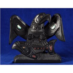 Lionel Samuels Argillite Carving of an Eagle Holding a Salmon with Inlay Work 9 3/4" H. 10 3/4" W.  